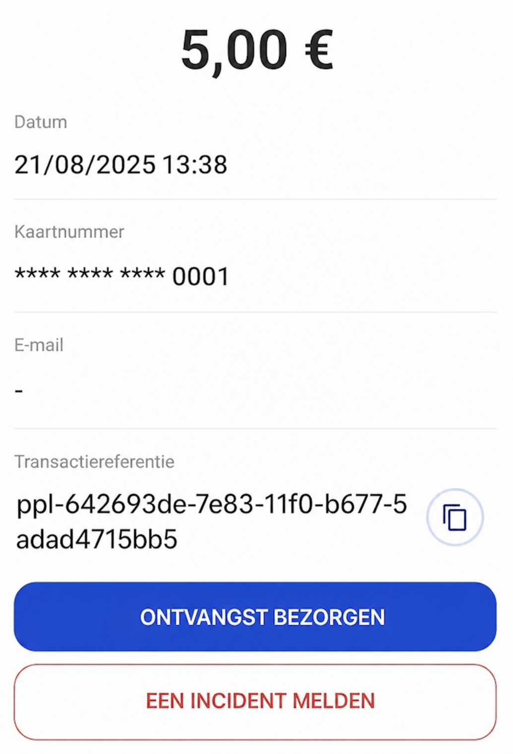 Detail van een betalingsbewijs: bedrag 5,00 €, datum 21/08/2025 om 13:38, gemaskeerd kaartnummer eindigend op 0001 en transactiereferentie.