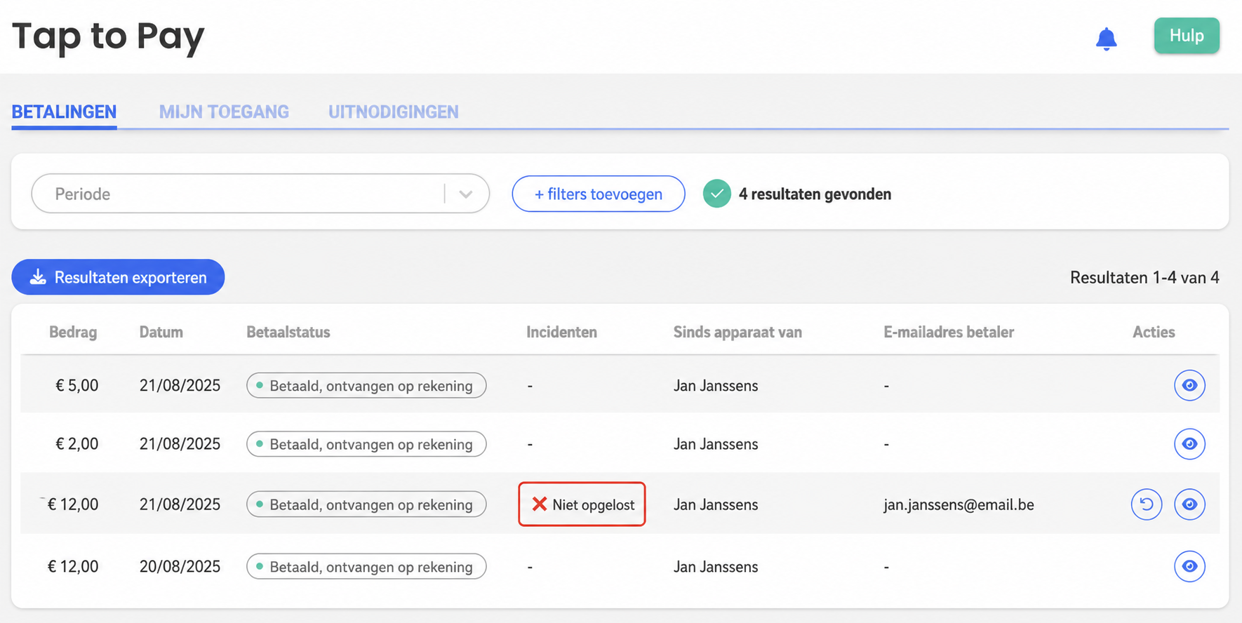 Lijst met Tap to Pay-betalingen waarbij een incident « Niet opgelost » in het rood is gemarkeerd bij een betaling van 12,00 €.