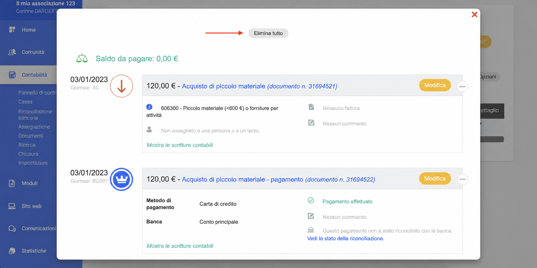 Finestra di dettaglio di una scrittura contabile in AssoConnect, che mostra due documenti da 120 € (acquisto e pagamento) con «Resta da pagare: 0 €» e il pulsante «Elimina tutto» evidenziato.