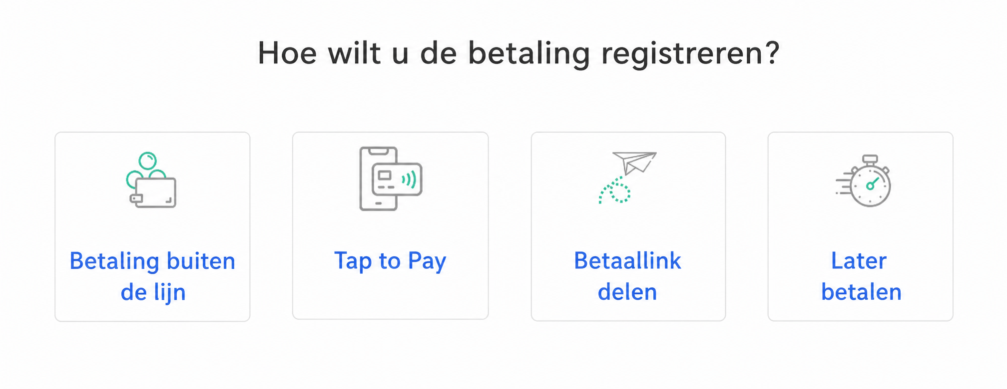AssoConnect-scherm « Hoe wil je de betaling registreren? » met vier opties: Offlinebetaling, Tap to Pay, Betaallink, Later doen.