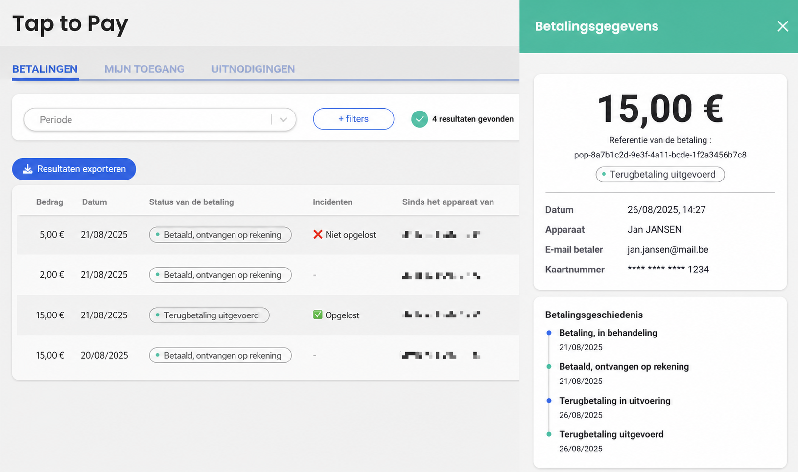 Tap to Pay-interface met de lijst van betalingen en het paneel “Details van de betaling” voor een terugbetaling van € 12,00 met de historiek ervan.