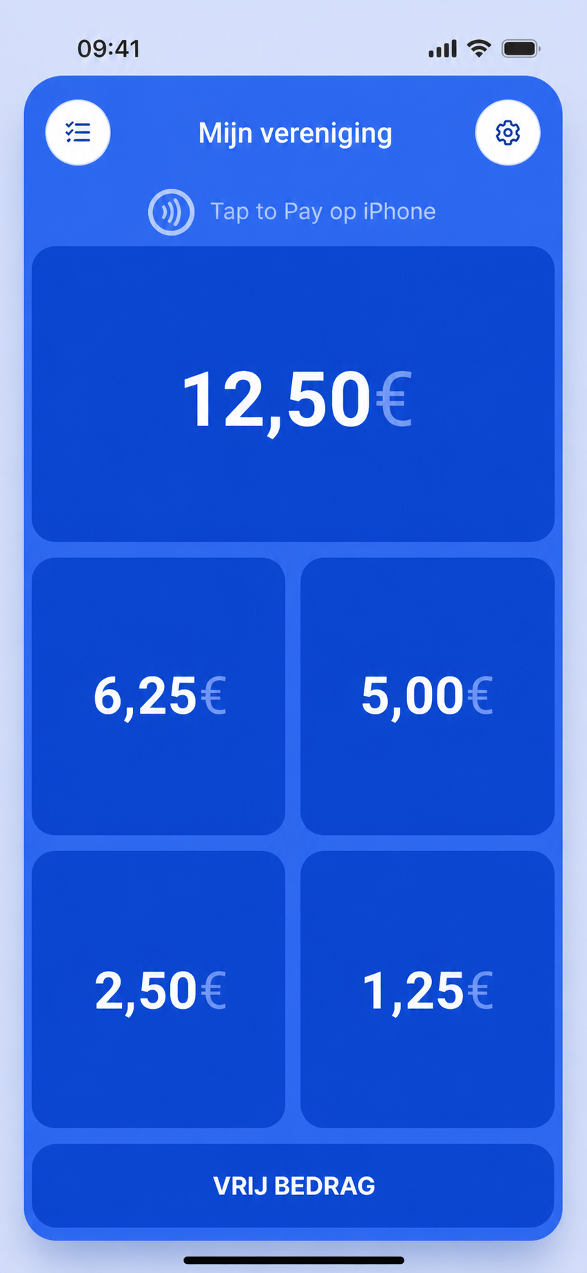 Scherm van de AssoConnect-app met de betaalterminal « Mijn vereniging » met Tap to Pay op iPhone en snelle bedragen: € 10, € 5, € 4, € 2, € 1 en Vrij bedrag.