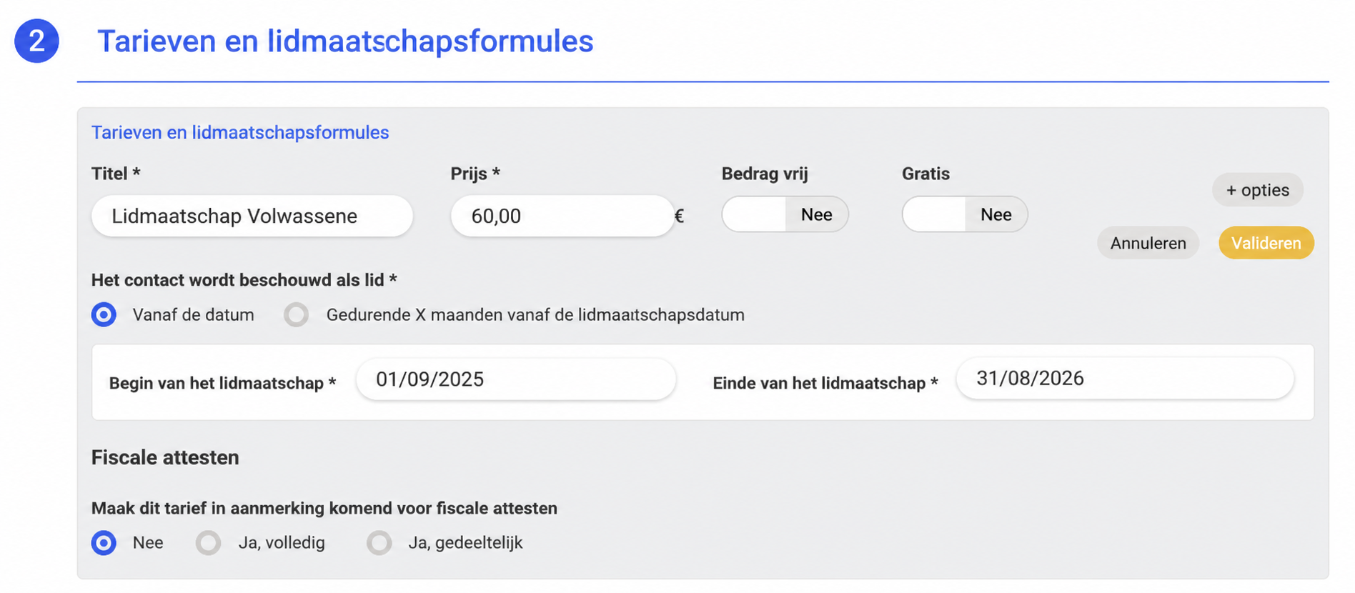 Formulier voor het aanmaken van een lidmaatschapstarief « Adhésion Adulte » van 50 €, met begin- en einddatum van het lidmaatschap en opties voor fiscale attesten.