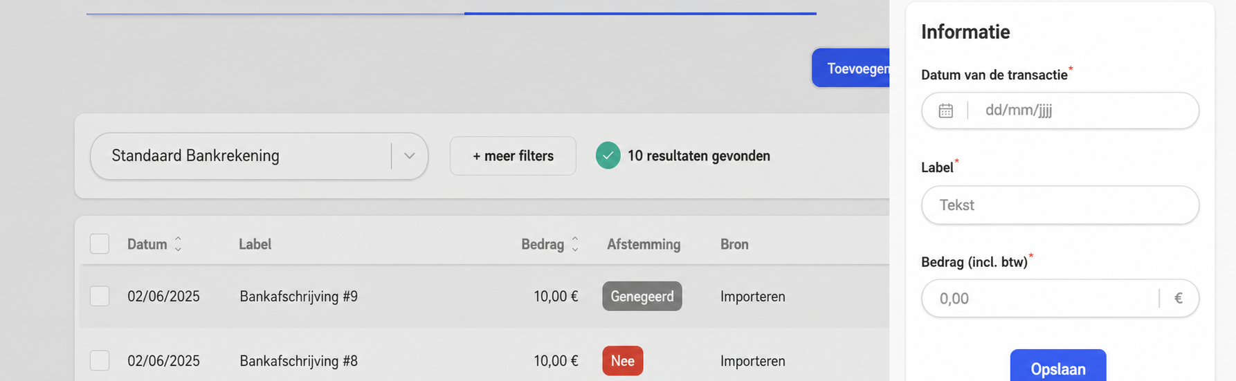 Pagina « Opérations bancaires » met het paneel « Ajouter une opération » open, met de velden Datum, Omschrijving en Bedrag (incl. btw)