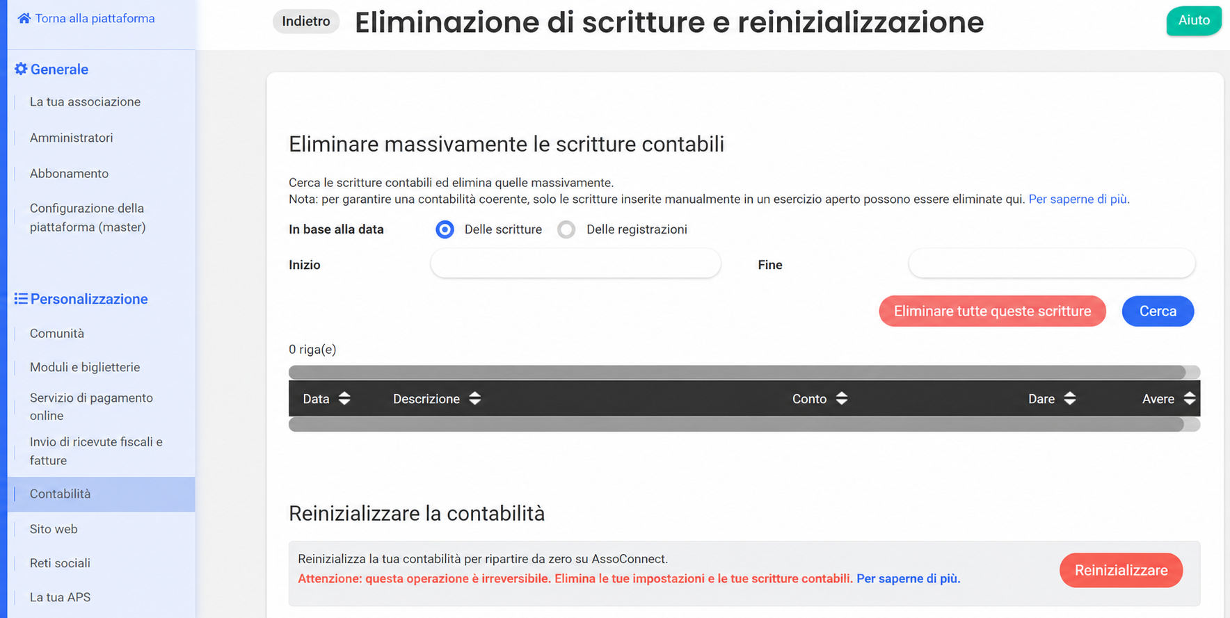 Pagina AssoConnect « Eliminazione delle scritture e reimpostazione » che mostra il pulsante « Reimposta » evidenziato in rosso nella sezione « Reimpostare la contabilità »