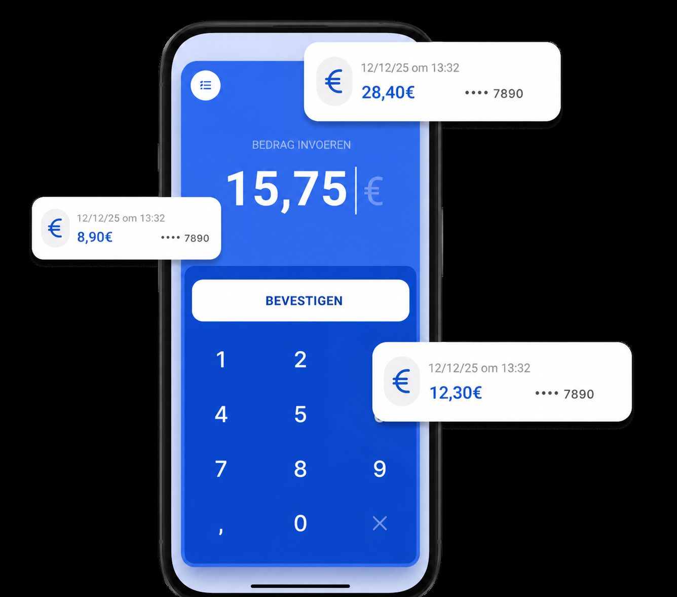 Mobiele app voor het inzamelen van giften met een numeriek toetsenbord om een bedrag in euro in te voeren, met voorbeelden van transacties (12,50 €, 22,50 €, 10,00 €)