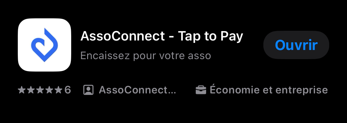 Pagina van de app AssoConnect - Tap to Pay in de App Store, met een score van 5 sterren en de knop « Openen »