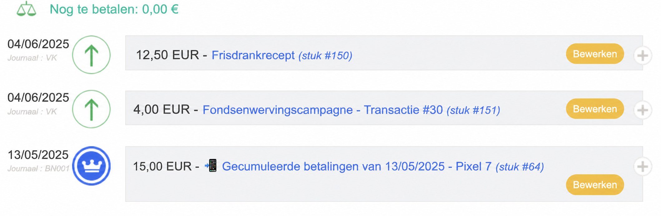 Scherm voor boekhoudkundige afpunting met « Openstaand bedrag: 0€ » en drie boekingen: 10 €, 3 € en 13 € in EUR.