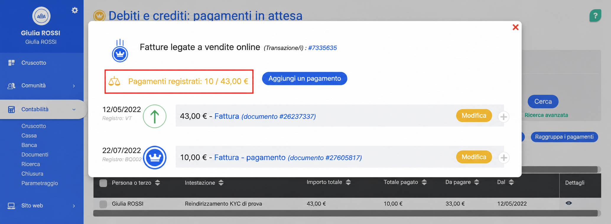 Finestra « Ecritures liées à des ventes en ligne » che mostra 10 € pagati su 43 € dovuti, con due scritture elencate e un pulsante « Ajouter un paiement »