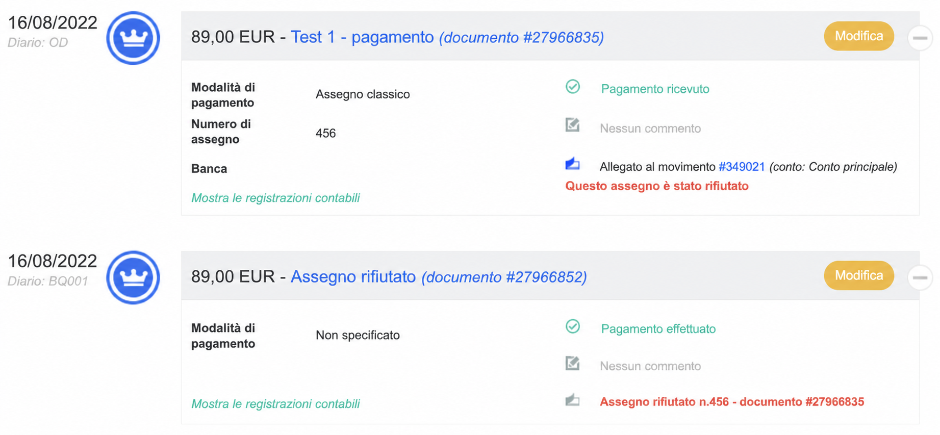 Due scritture contabili del 16/08/2022: un pagamento con assegno classico di 89 € (n°123) e la relativa scrittura di rifiuto che indica « Ce chèque est rejeté ».