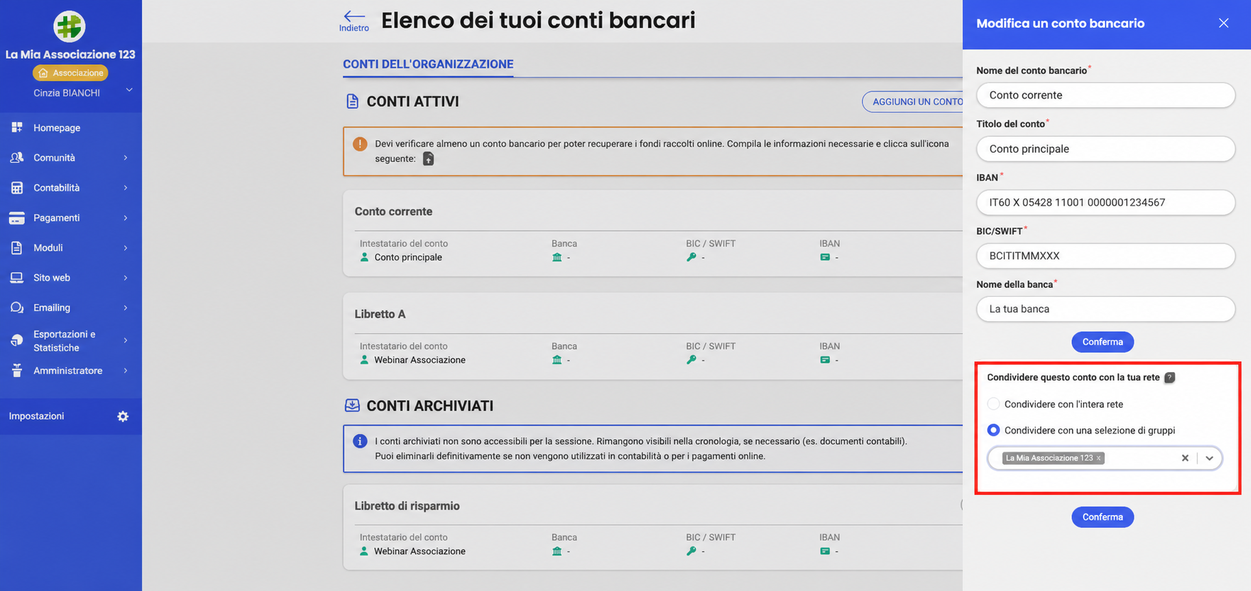 Pannello «Modifica un conto bancario» con la sezione «Condividi questo conto con la tua rete» evidenziata, che mostra l'opzione «Condividi con una selezione di gruppi» spuntata e il gruppo «Mon Asso 122» selezionato.