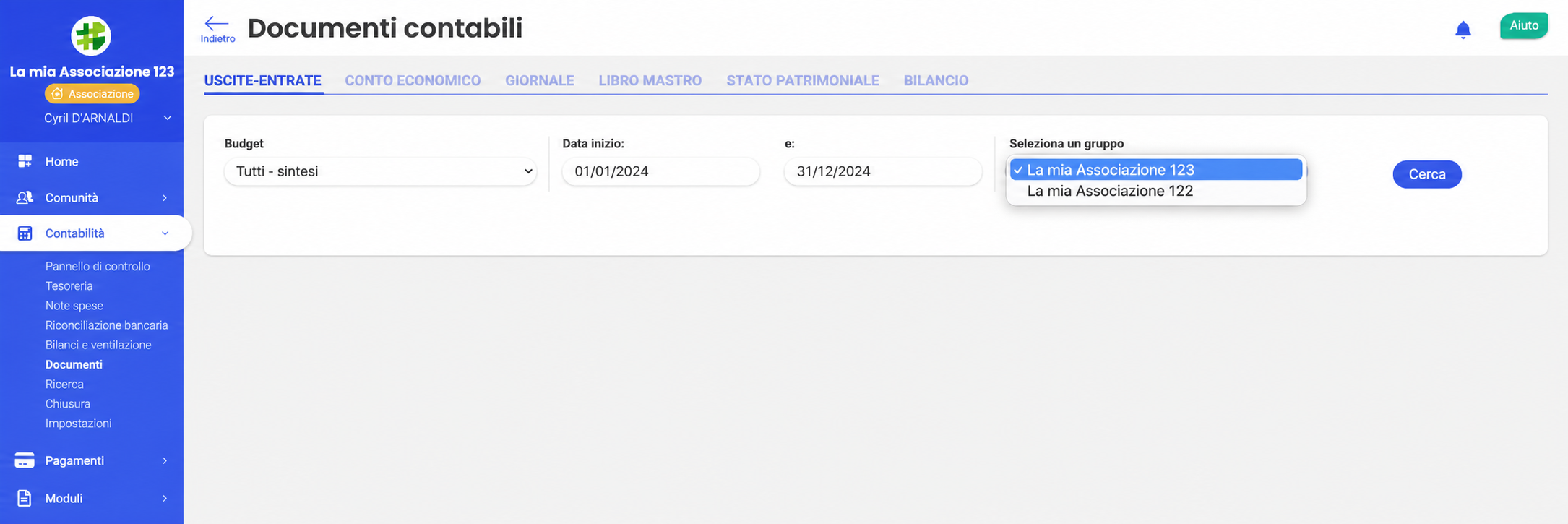 Pagina Documenti contabili con la scheda Uscite-Entrate attiva e il menu a tendina «Seleziona un gruppo» aperto, che mostra Mon Asso 123 (selezionato) e Mon Asso 122