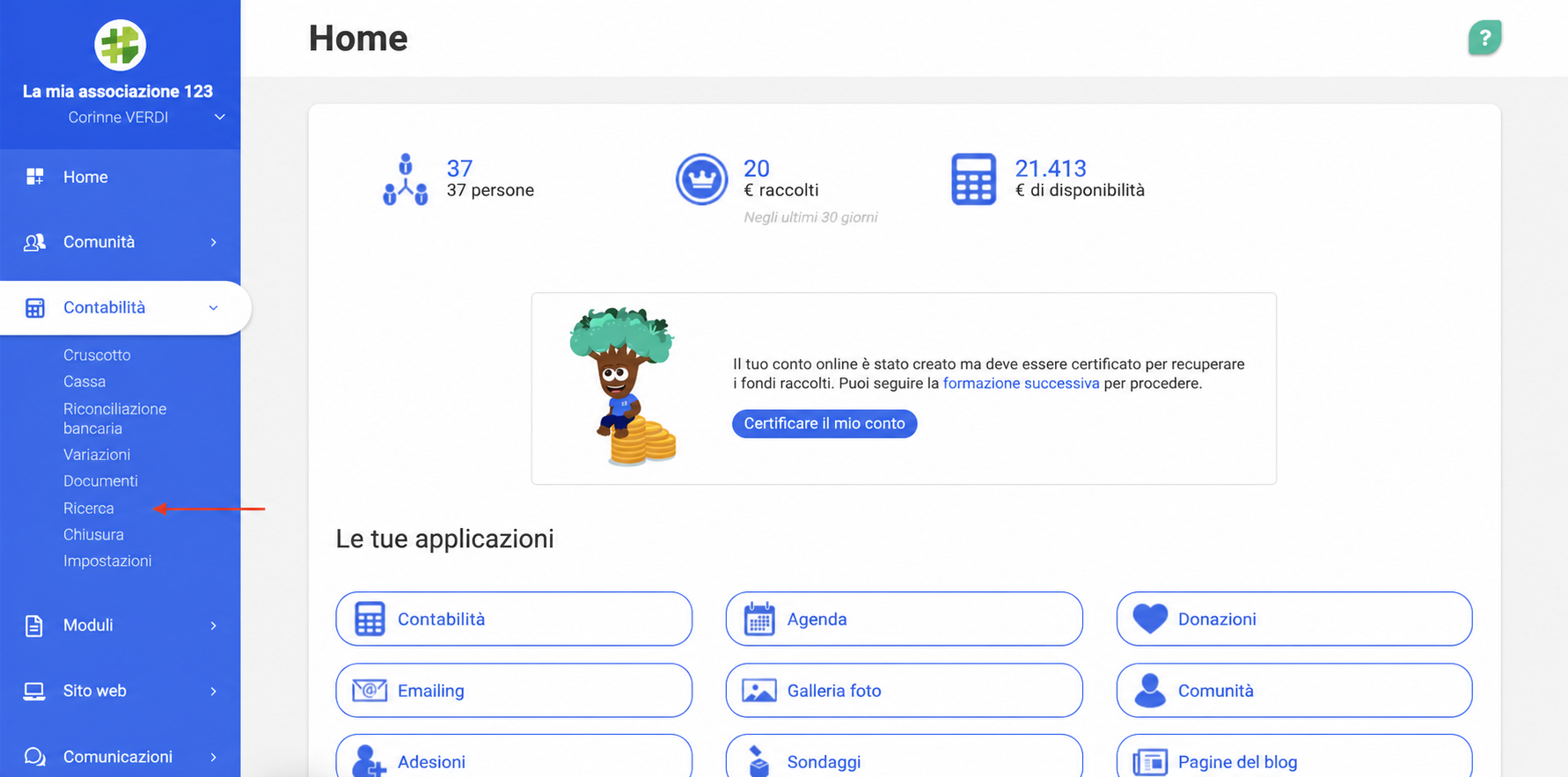 Pagina iniziale di AssoConnect con il menu Contabilità aperto e l'opzione «Ricerca» evidenziata da una freccia rossa.