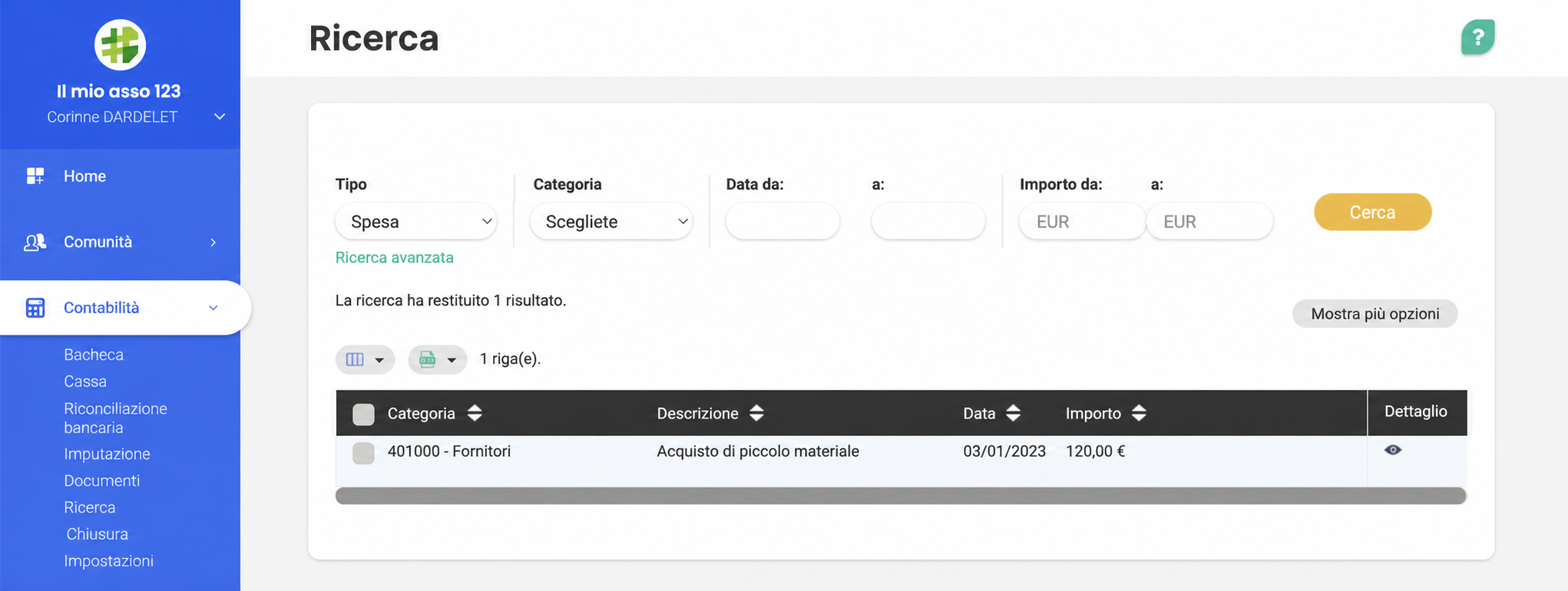 Pagina Ricerca in contabilità che mostra il risultato di una spesa: categoria 401000 Fornitori, descrizione «Acquisto piccole attrezzature», 120 € il 03/01/2023, con l'icona Dettaglio in evidenza