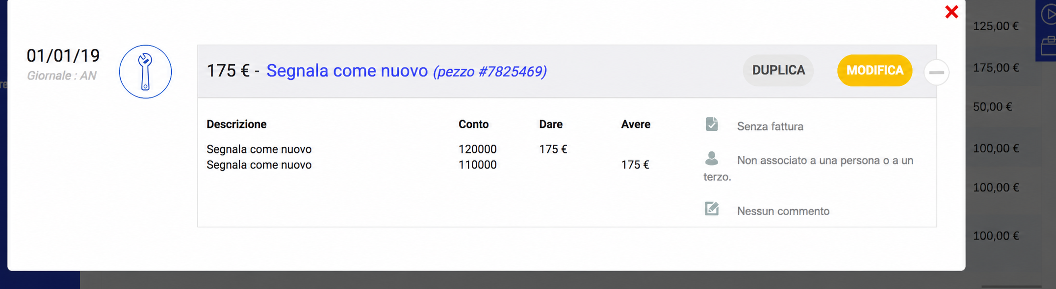 Finestra di scrittura contabile AssoConnect che mostra un riporto a nuovo di 175€ (documento #5497827) con i conti 120000 in dare e 110000 in avere.