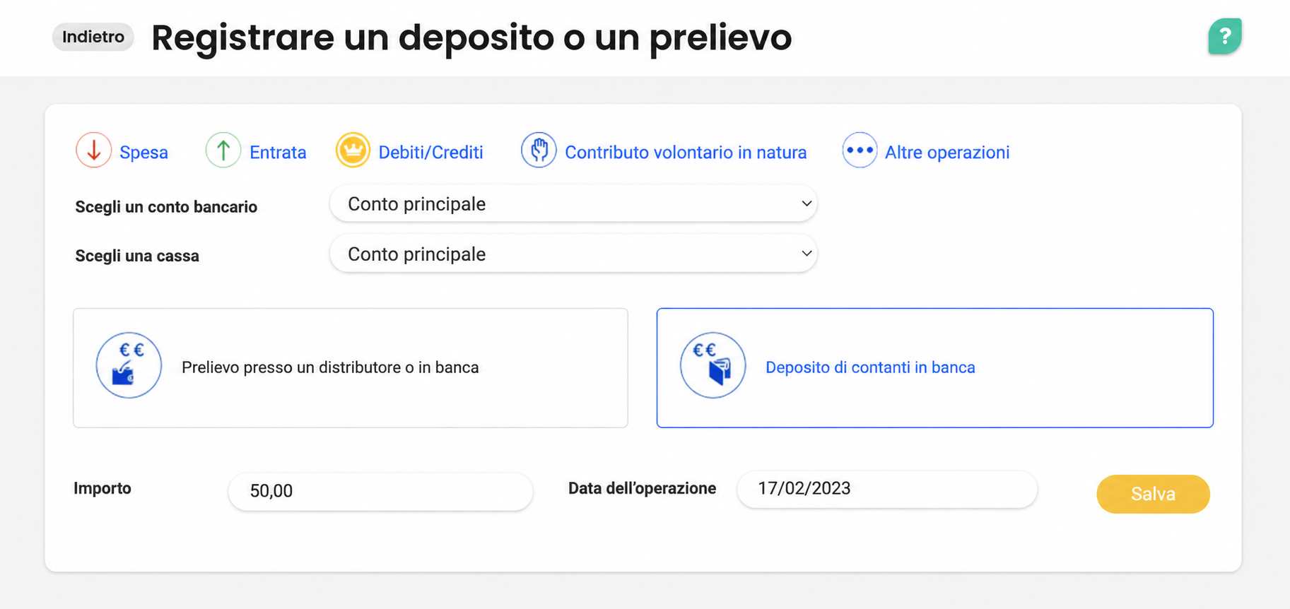 Modulo AssoConnect « Enregistrer un dépôt ou un retrait » con l'opzione « Dépôt d'espèces à la banque » selezionata, un importo di 50,00 € e la data del 17/02/2023