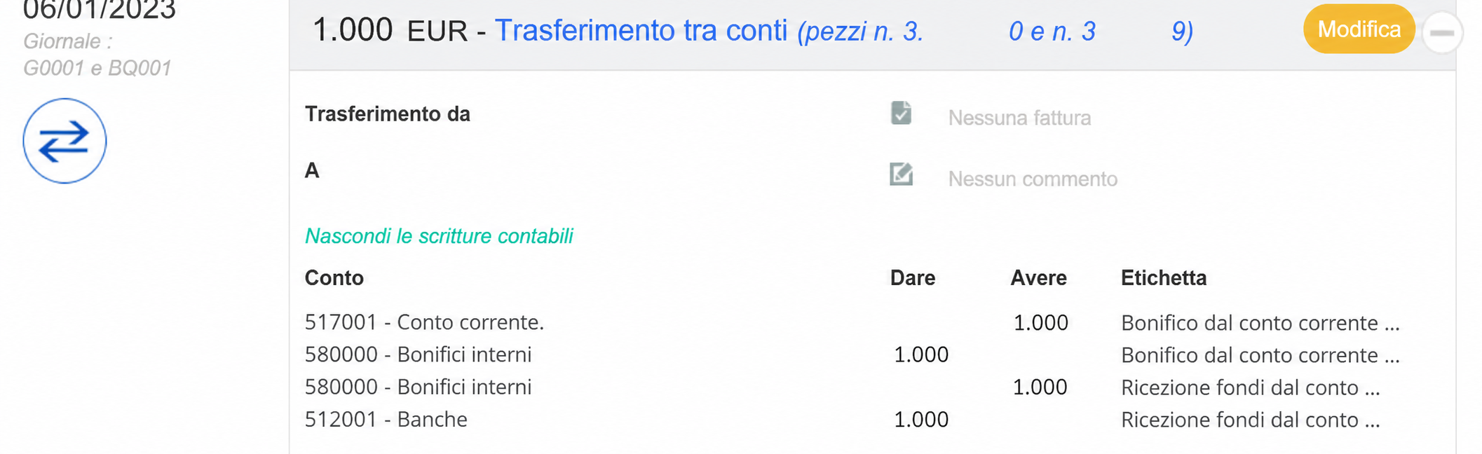 Dettaglio di un trasferimento tra conti di 1000 EUR in AssoConnect, con le scritture contabili associate (conti 517001, 580000 e 512001).