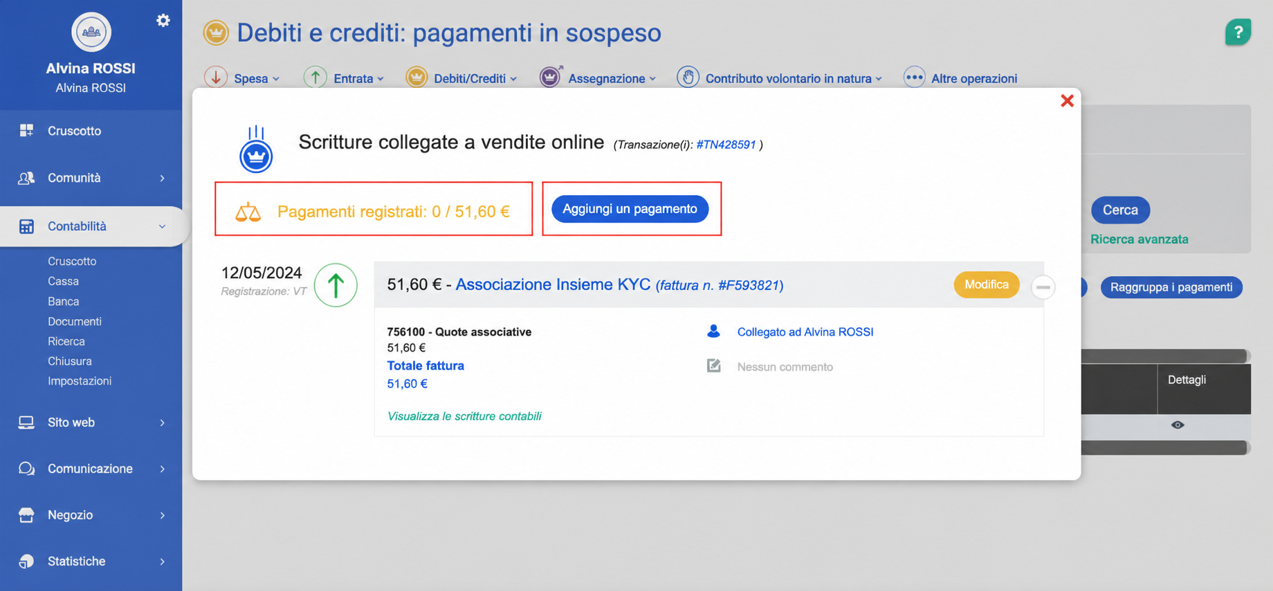 Finestra « Ecritures liées à des ventes en ligne » che mostra un pagamento in attesa di 43,00 EUR con il pulsante « Ajouter un paiement » evidenziato.