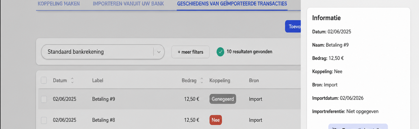 Paneel « Voir une opération » met de details van « Bank entry #9 » (10,00 €, genegeerd) en de knop « Restaurer l'opération »