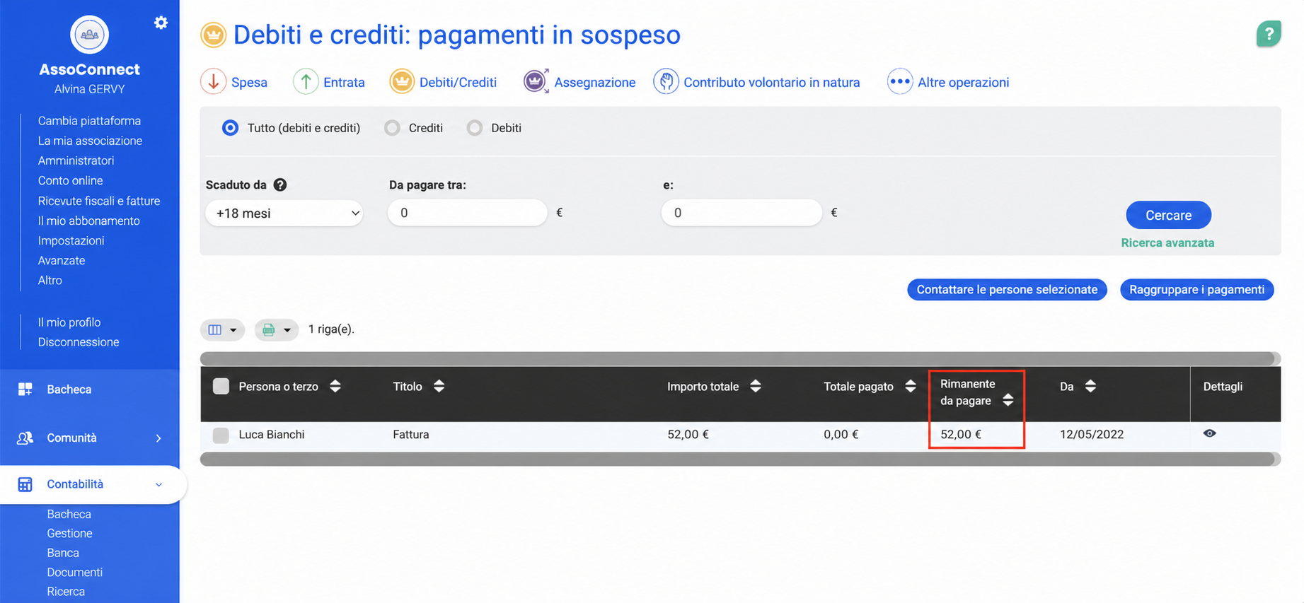 Schermata « Dettes et créances : paiements en attente » che evidenzia la colonna « Reste à payer » con un saldo di 43,00 € per Jack Sparow.
