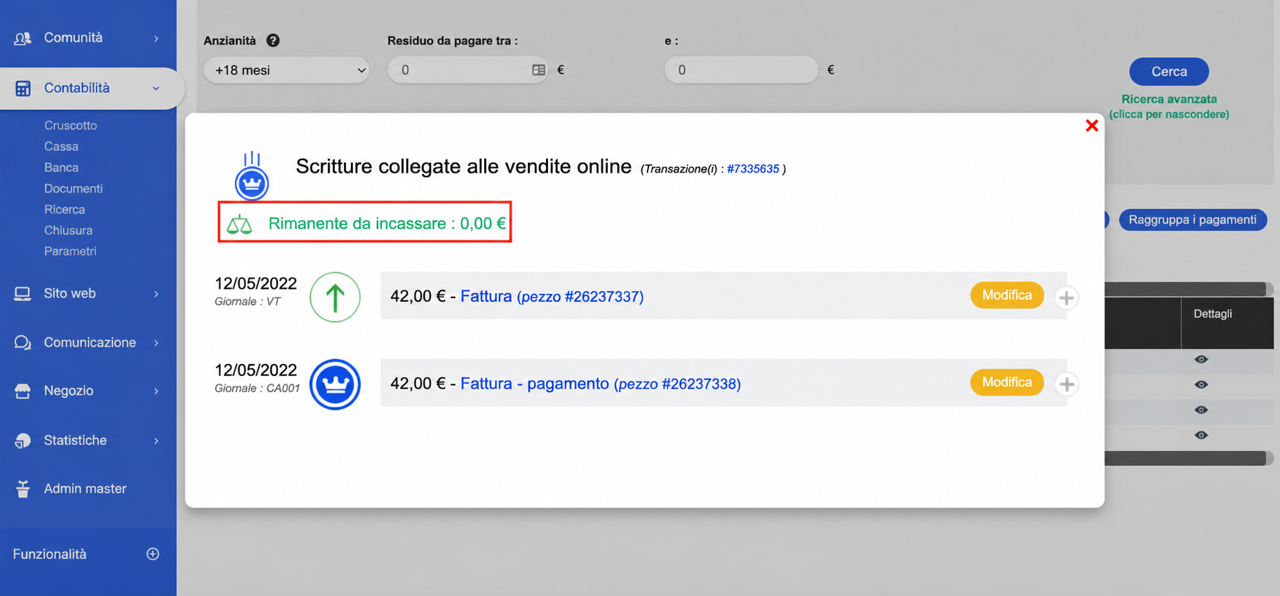 Finestra « Ecritures liées à des ventes en ligne » che mostra un importo residuo da ricevere di 0 €, con una fattura e un pagamento di 43,00 EUR datati 12/05/2022