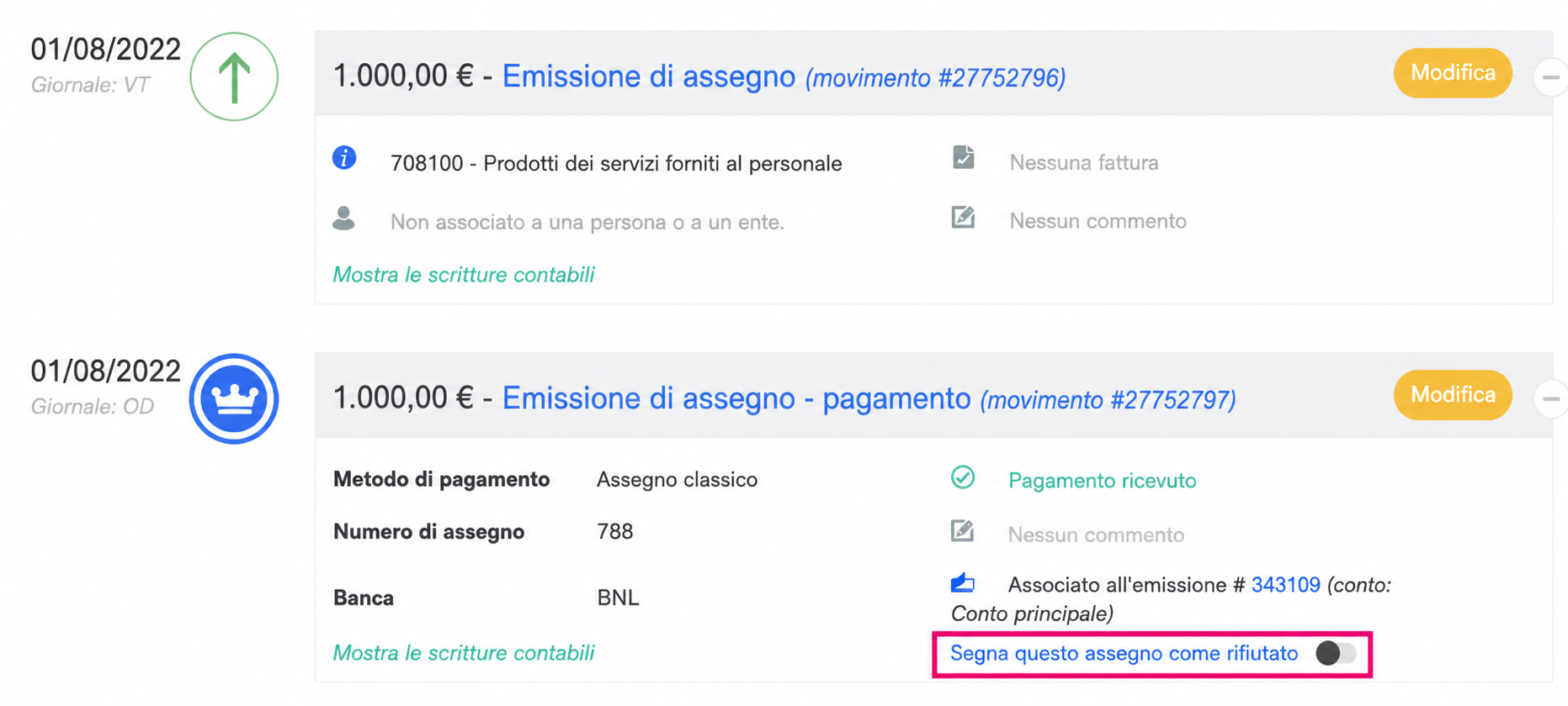 Schermata di remise de chèque in AssoConnect, con il pulsante « Marquer ce chèque comme rejeté » evidenziato in rosso.