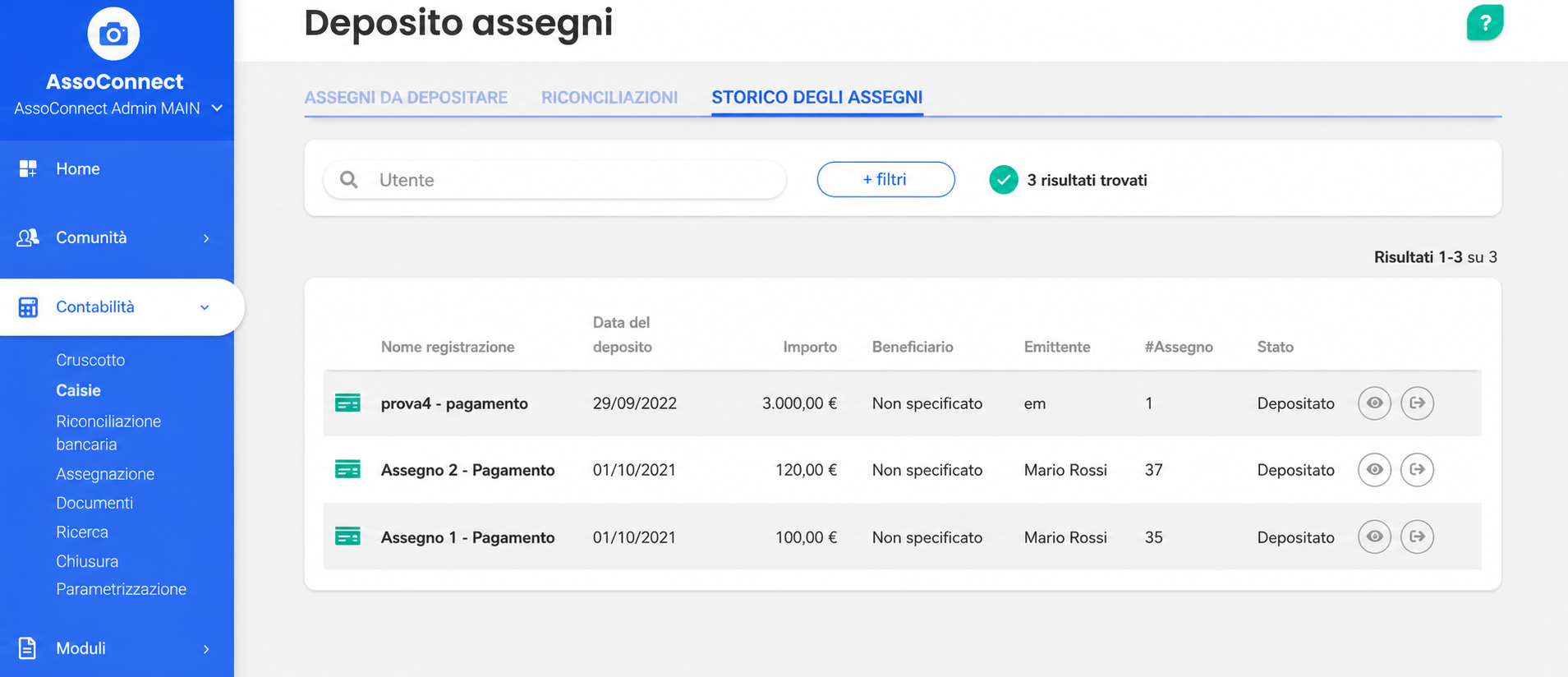 Scheda « Historique des chèques » nella sezione Remise de chèques, che mostra 3 assegni depositati con il relativo importo, emittente e numero, e il pulsante di reindirizzamento evidenziato.
