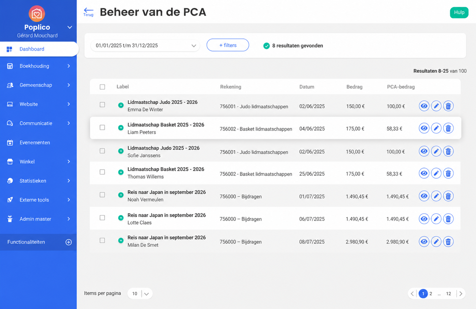 Interface voor het beheer van de PCA in AssoConnect, met een lijst van boekingen met omschrijving, rekening, datum, bedrag en PCA-bedrag.