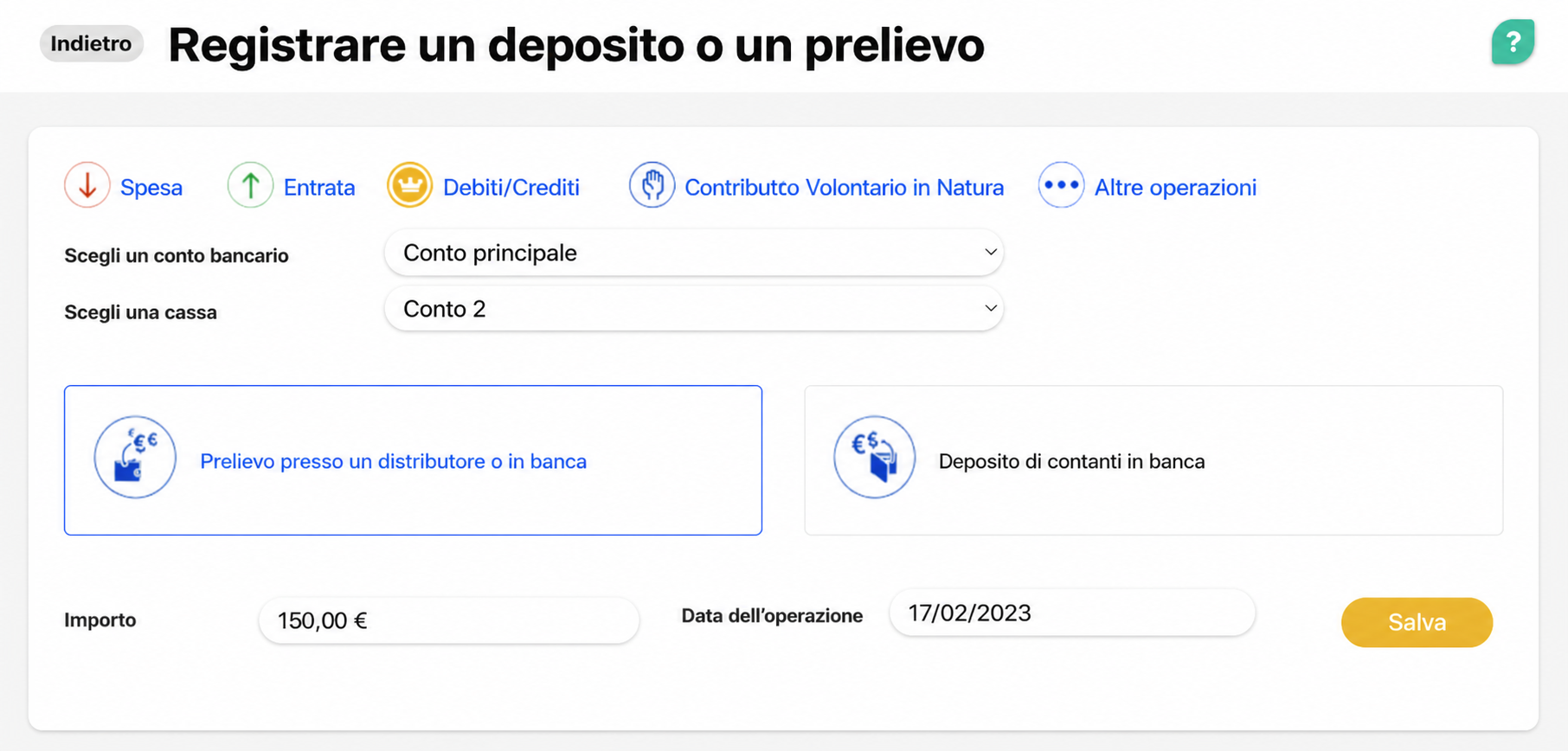 Modulo « Enregistrer un dépôt ou un retrait » con l'opzione « Retrait à un distributeur ou à la banque » selezionata, un importo di 150,00 € e la data del 17/02/2023