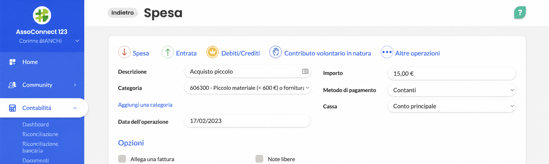 Modulo di registrazione di una spesa in AssoConnect: descrizione « Petit achat », categoria 606300, importo 15 € in contanti, con data 17/02/2023.