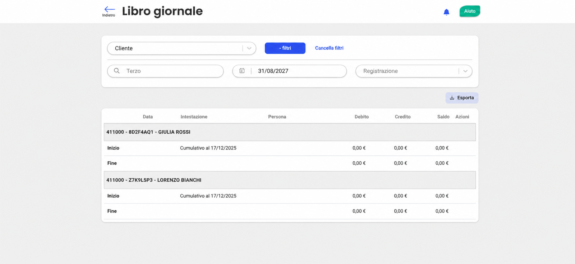 Libro mastro filtrato per tipo « Client », che mostra due terzi (Emma Durand e Nicole Chataigne) con saldi a 0,00 €