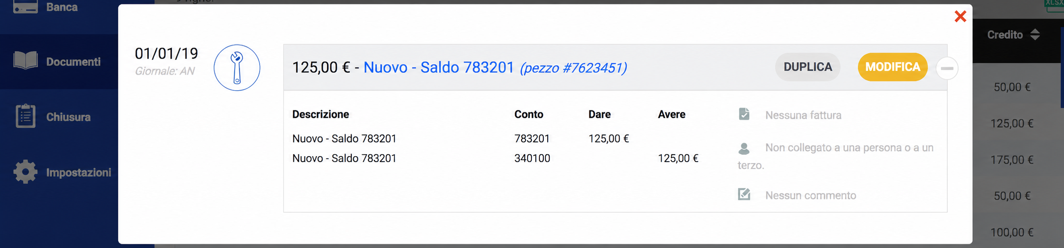 Finestra di dettaglio di una scrittura contabile A-nuovo Saldo 512001 di 125€ al 01/01/19, con i pulsanti Duplica e Modifica.