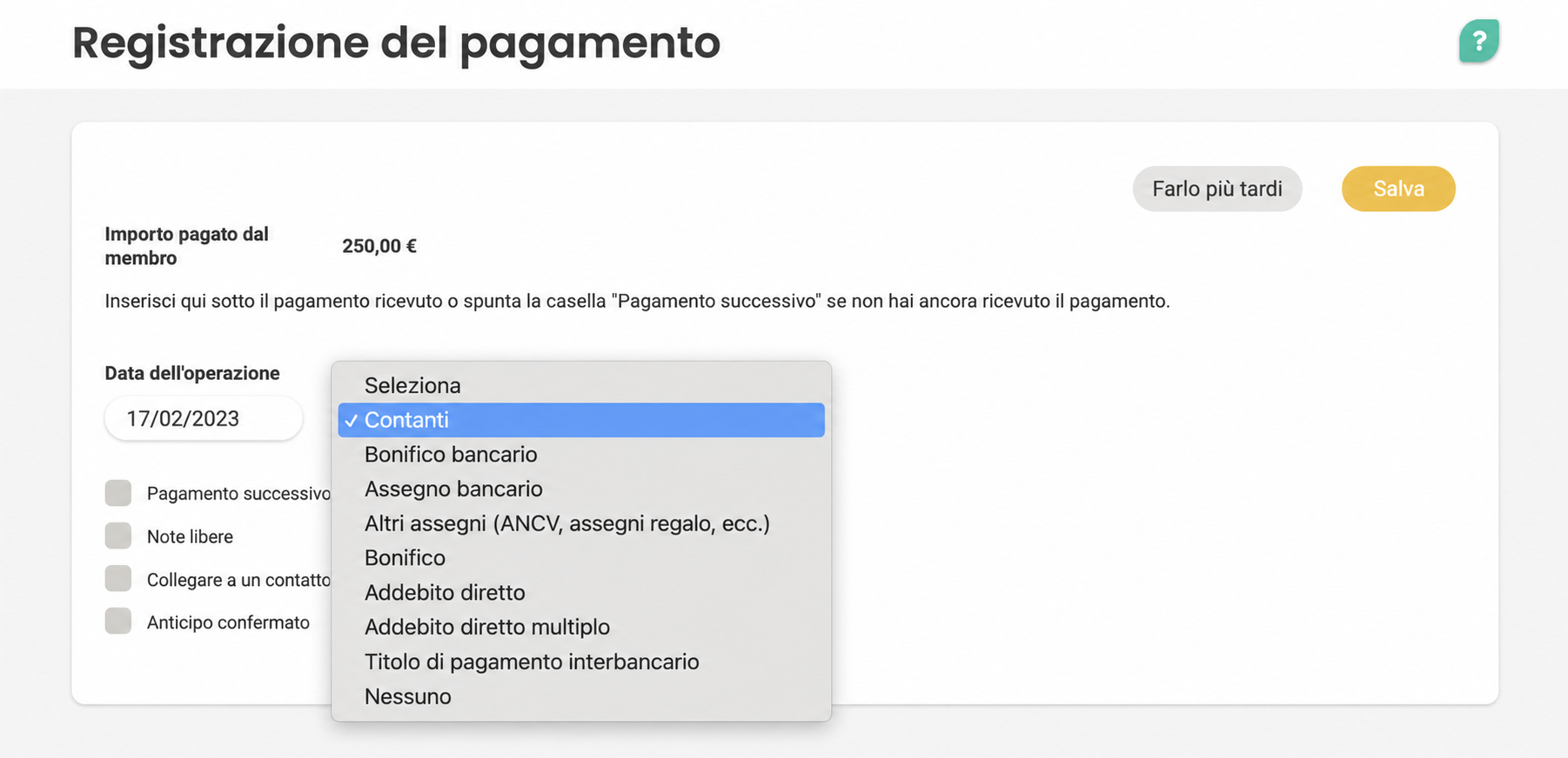 Modulo « Enregistrement du paiement » con il menu a tendina dei metodi di pagamento aperto e « Espèces » selezionato