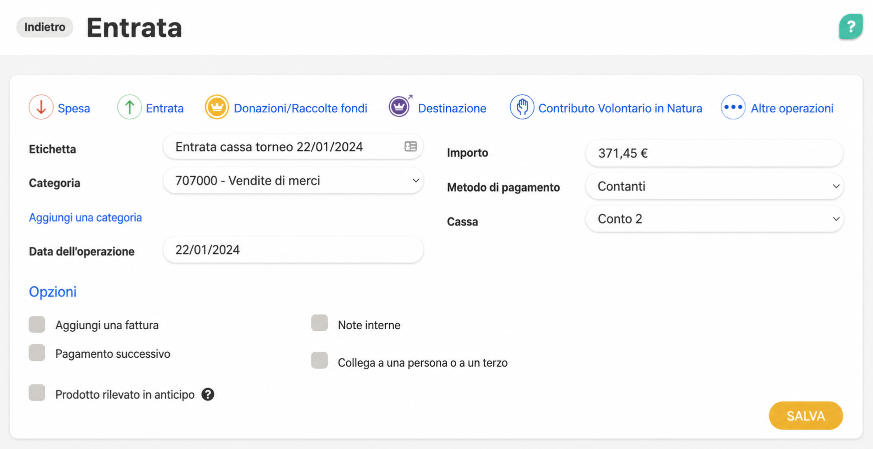 Modulo di registrazione di un'entrata in AssoConnect, con la descrizione « Recette caisse match 15/01/2023 », un importo di 358,50 € in contanti e la categoria 707000 - Ventes de marchandises.