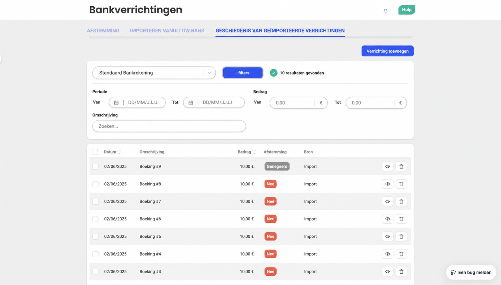 Tabblad « Historique des opérations importées » in AssoConnect, met een lijst van bankoverschrijvingen met hun afpuntstatus (Ignoré, Non) en hun bron (Import)
