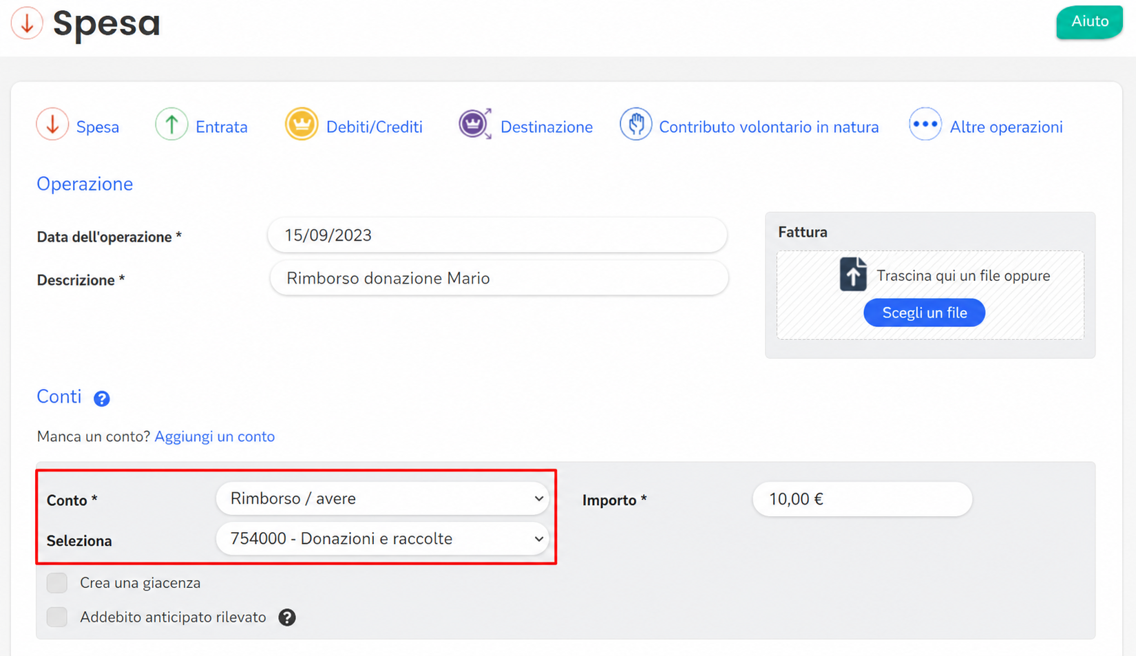 Modulo di spesa AssoConnect con il conto « Remboursement / avoir » e il sottoconto « 754000 - Dons et Collectes » evidenziati, per un importo di 10,00 €.