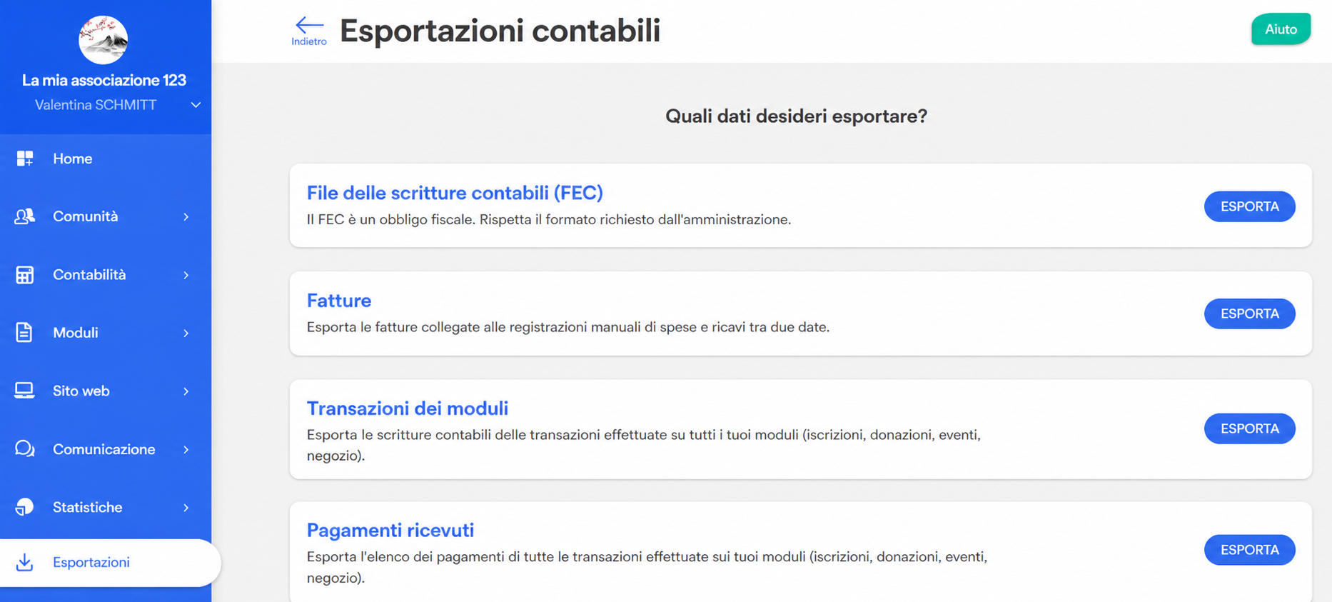 Pagina « Esportazioni contabili » di AssoConnect con il pulsante Esportare della sezione Fatture evidenziato da un riquadro rosso