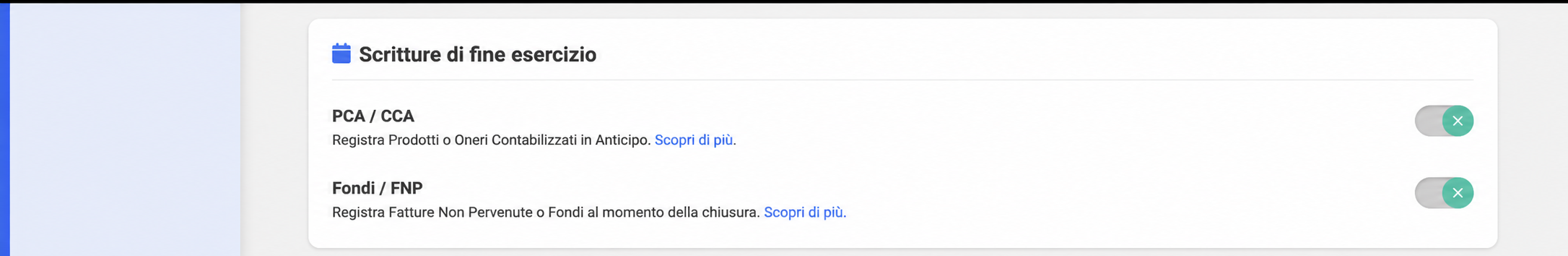 Sezione « Ecritures de fin d'exercice » con le opzioni PCA/CCA e Provisions/FNP attivate, la freccia rossa indica il pulsante di disattivazione dei PCA/CCA