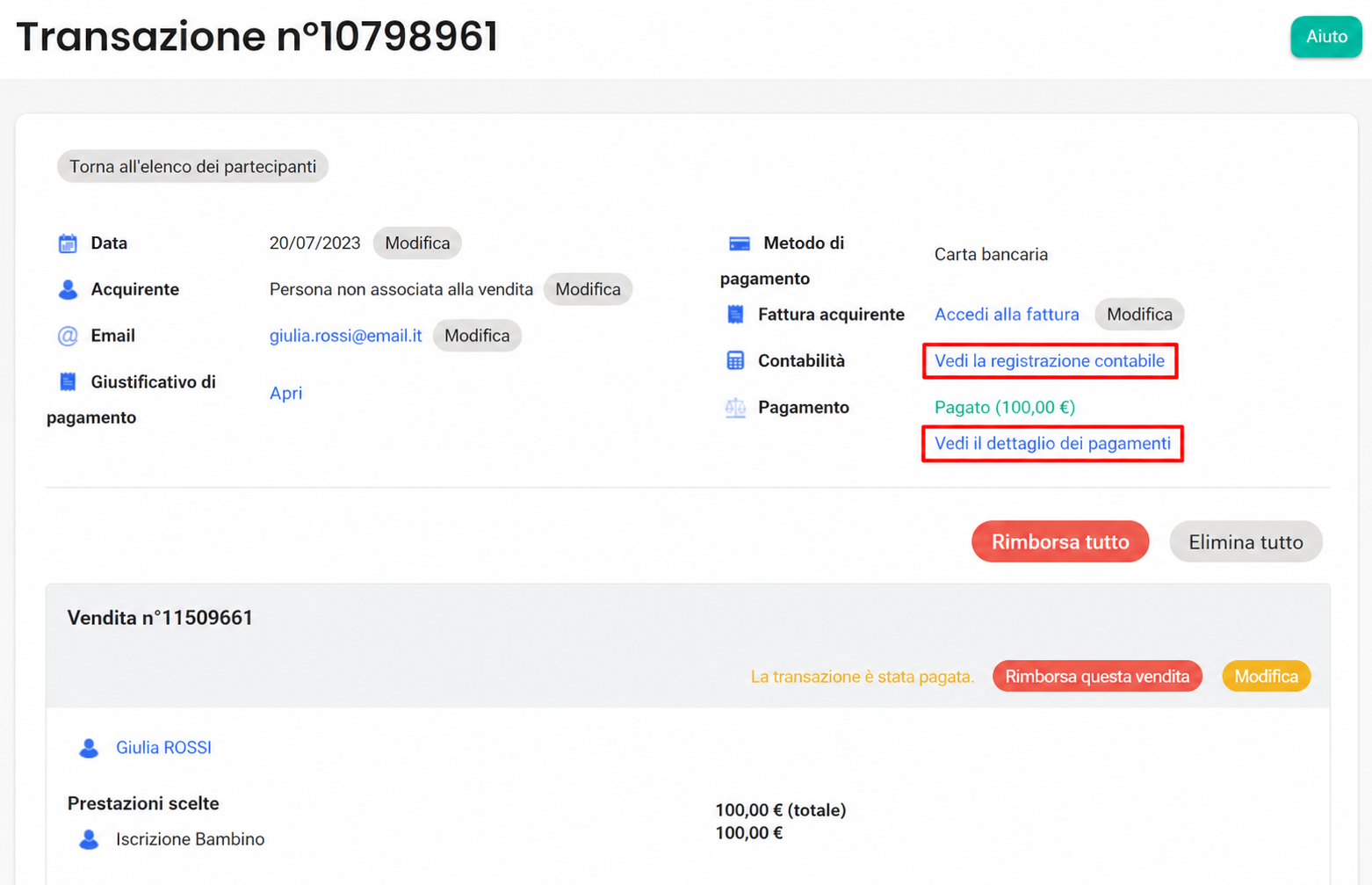 Scheda transazione AssoConnect con le sezioni contabilità e pagamento in evidenza, con i link « Voir l'écriture en comptabilité » e « Voir le détail des paiements ».