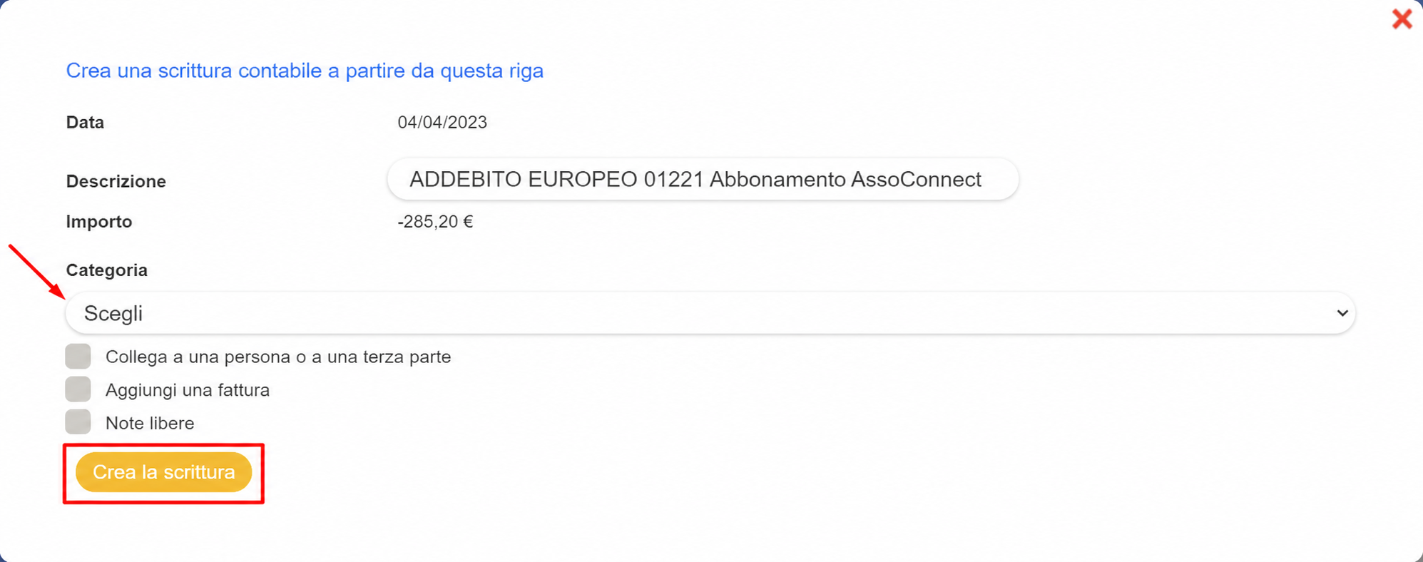 Modulo di creazione della scrittura contabile con data, descrizione, importo (-285,20 €) e menu a tendina Categoria da compilare, il pulsante «Crea la scrittura» è evidenziato.