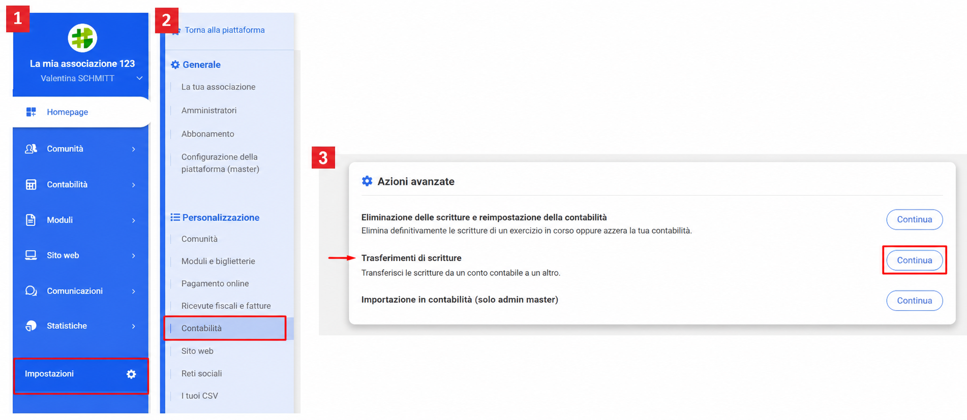Interfaccia AssoConnect che mostra l'accesso a « Transferts d'écritures » tramite Paramètres > Comptabilité > Actions avancées, con il pulsante Continuer evidenziato in rosso.