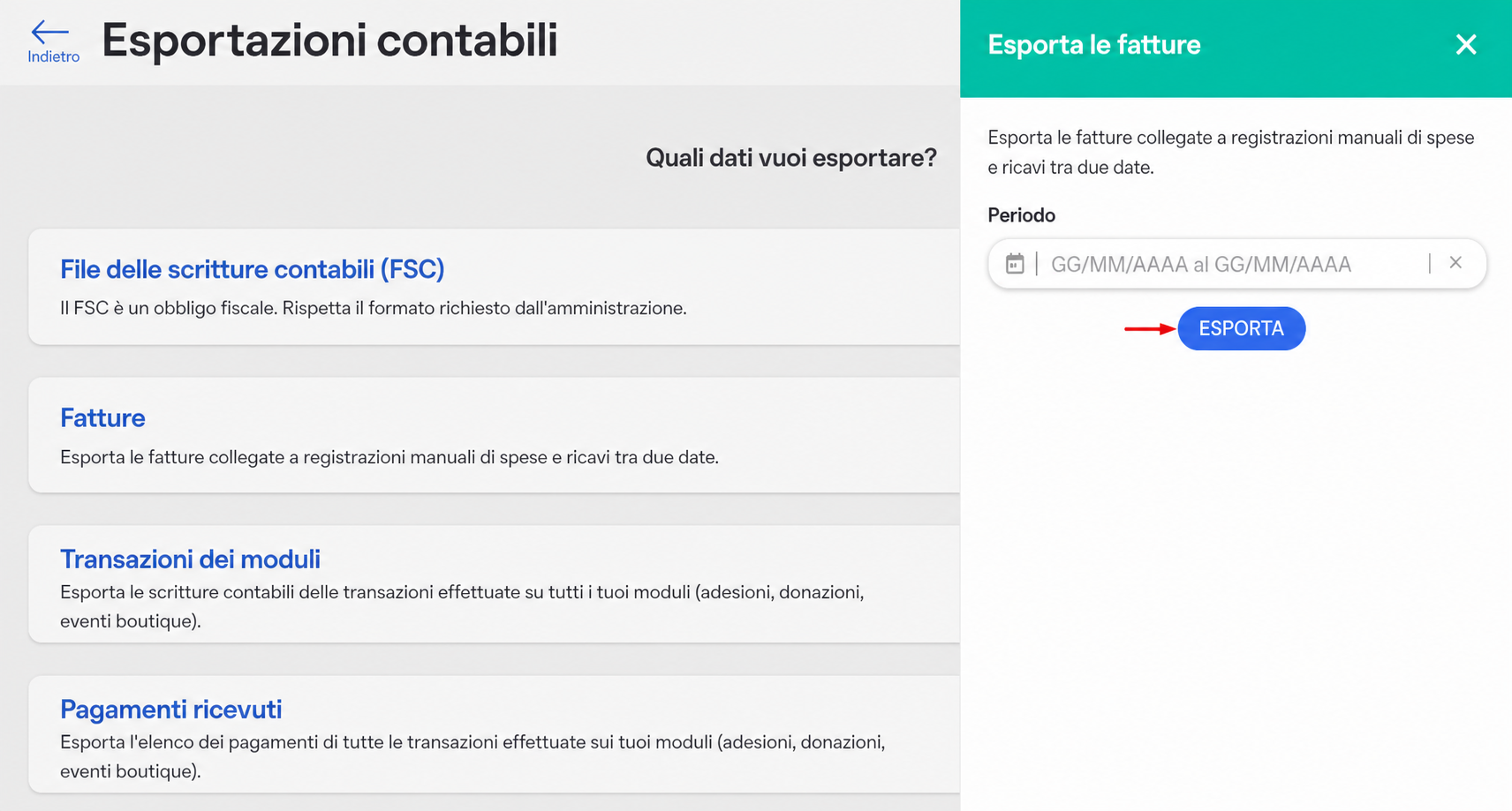 Pannello « Esportazione delle fatture » aperto dalla pagina Esportazioni contabili, con un campo di selezione del periodo e un pulsante « Esportare »