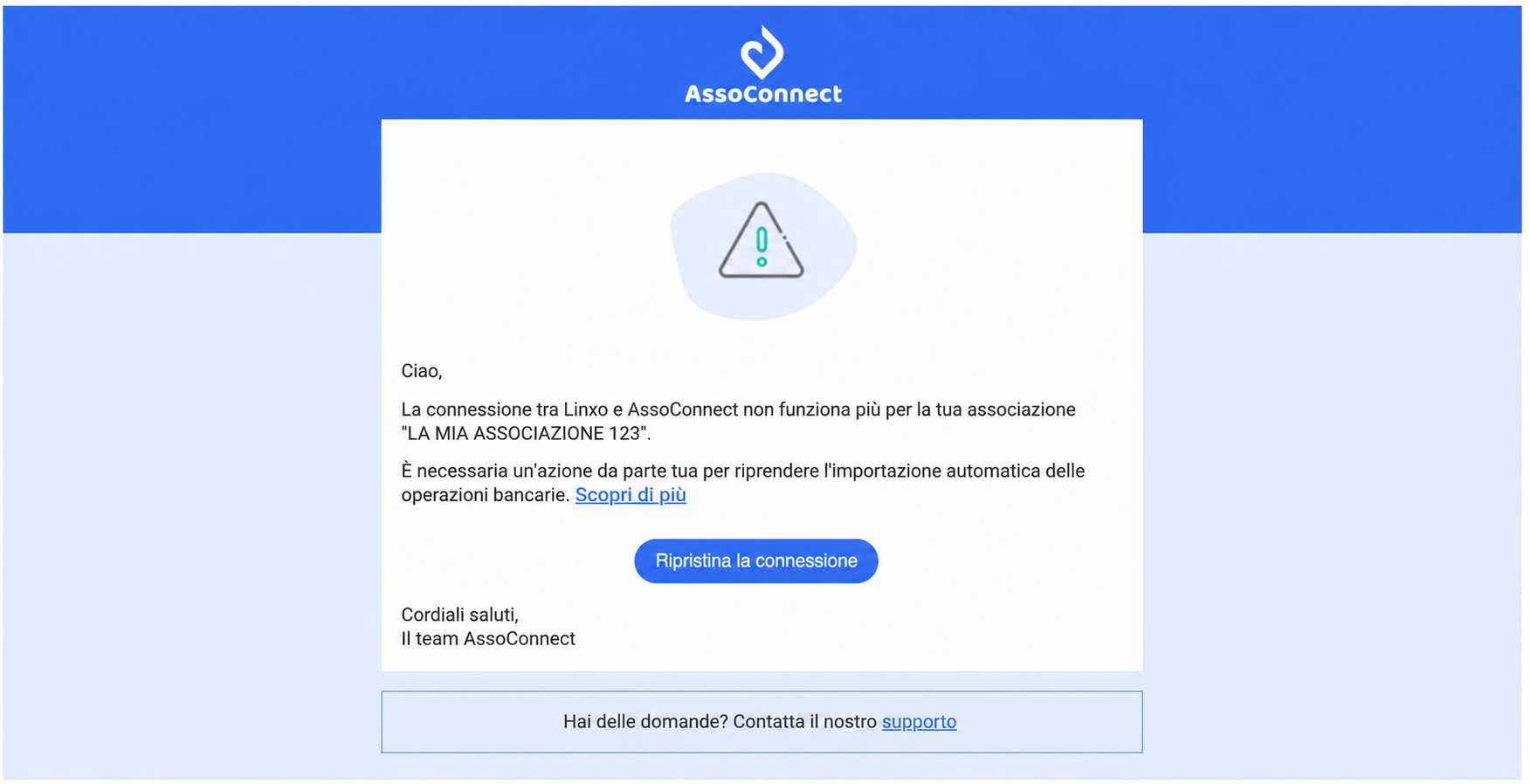 E-mail di avviso AssoConnect che segnala l'interruzione della connessione bancaria Linxo, con un pulsante « Rétablir la connexion »