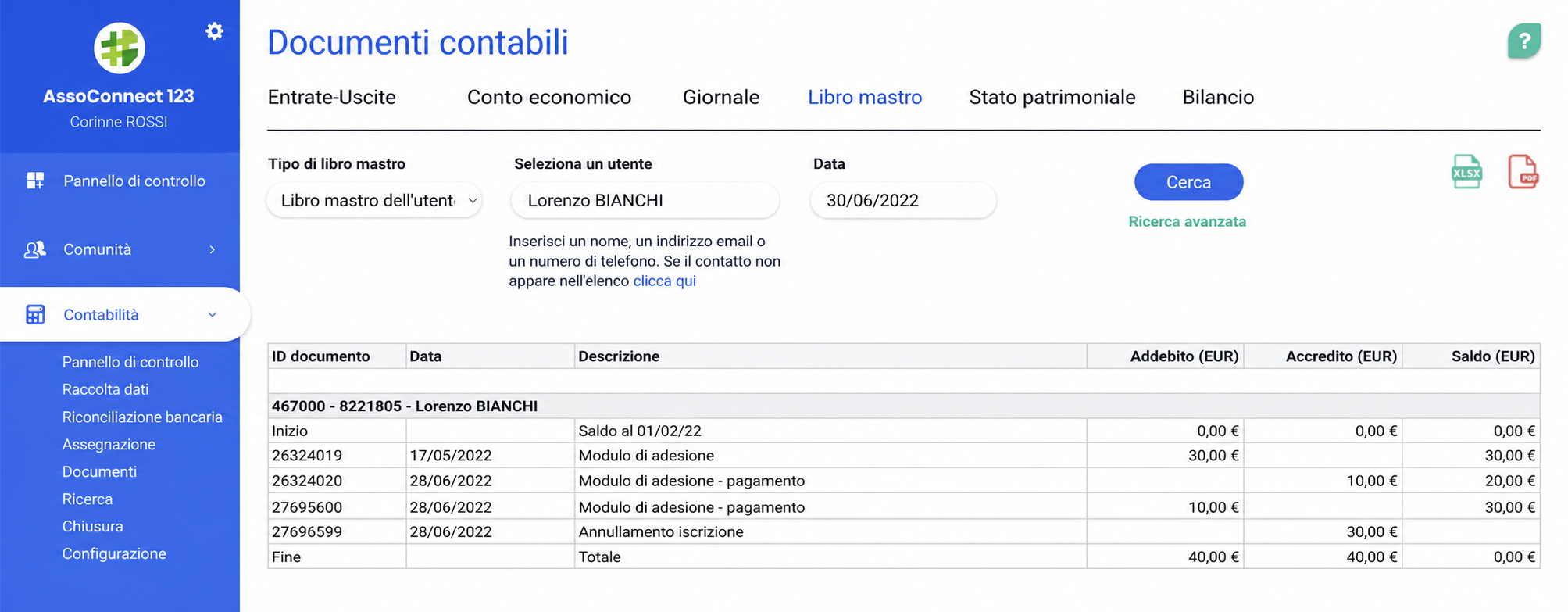 Libro mastro utente in AssoConnect, che mostra le scritture contabili di Laurent CARTOUCHE al 30/06/2022 con un saldo finale di 0 €