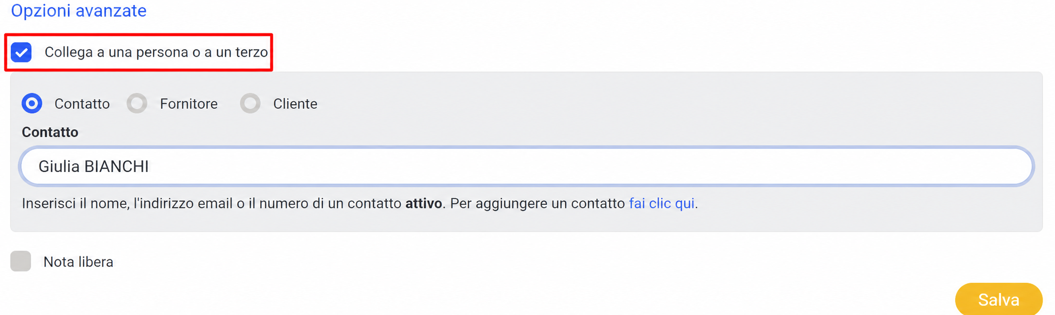 Opzioni avanzate con la casella « Lier à une personne ou un tiers » selezionata e il contatto « Marie CLAIRE » inserito nel campo Contatto