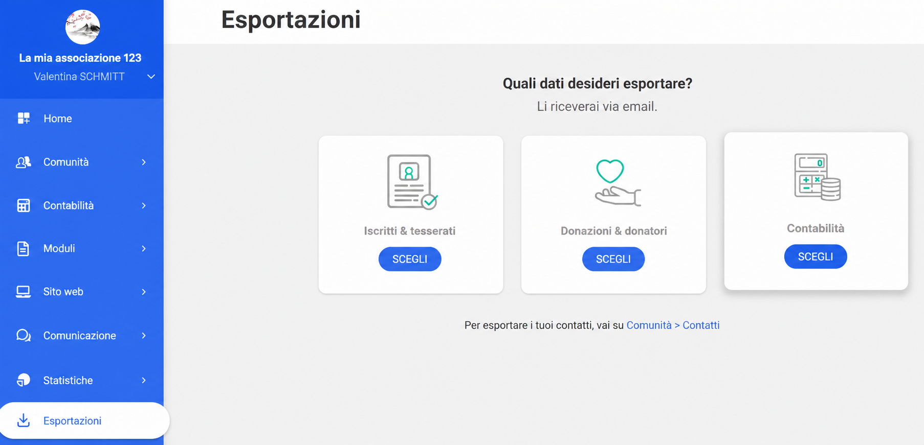 Pagina Esportazioni di AssoConnect con il pulsante « Scegliere » della scheda Contabilità evidenziato da un riquadro rosso