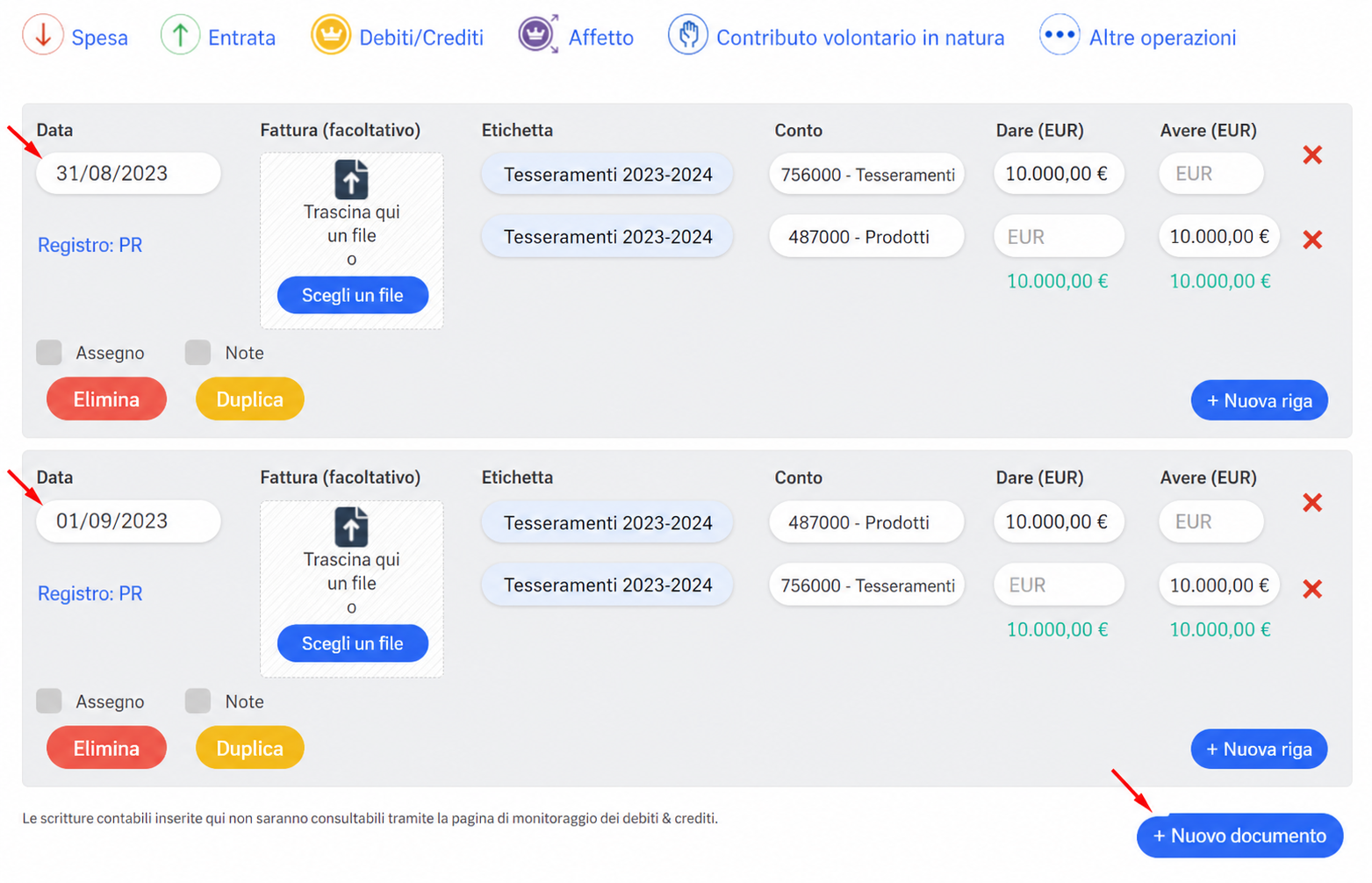 Interfaccia di inserimento delle scritture contabili OD in AssoConnect, con due documenti datati 31/08/2023 e 01/09/2023 per le adesioni 2023-2024 (10.000 €), che evidenzia i campi Data, Descrizione, Conto, Dare e Avere.