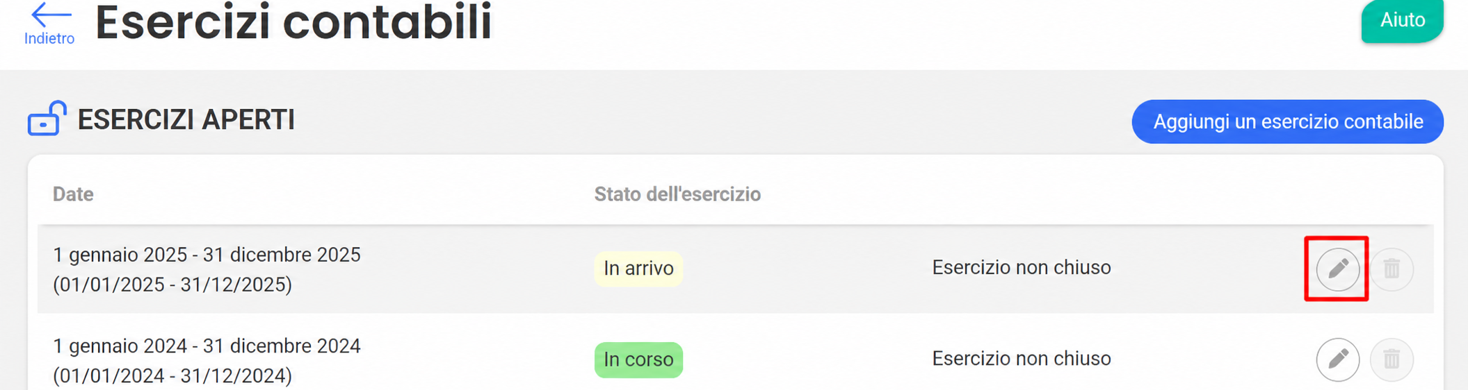 Pagina « Exercices comptables » che mostra due esercizi aperti, con il pulsante di modifica (matita) evidenziato per l'esercizio 2025.