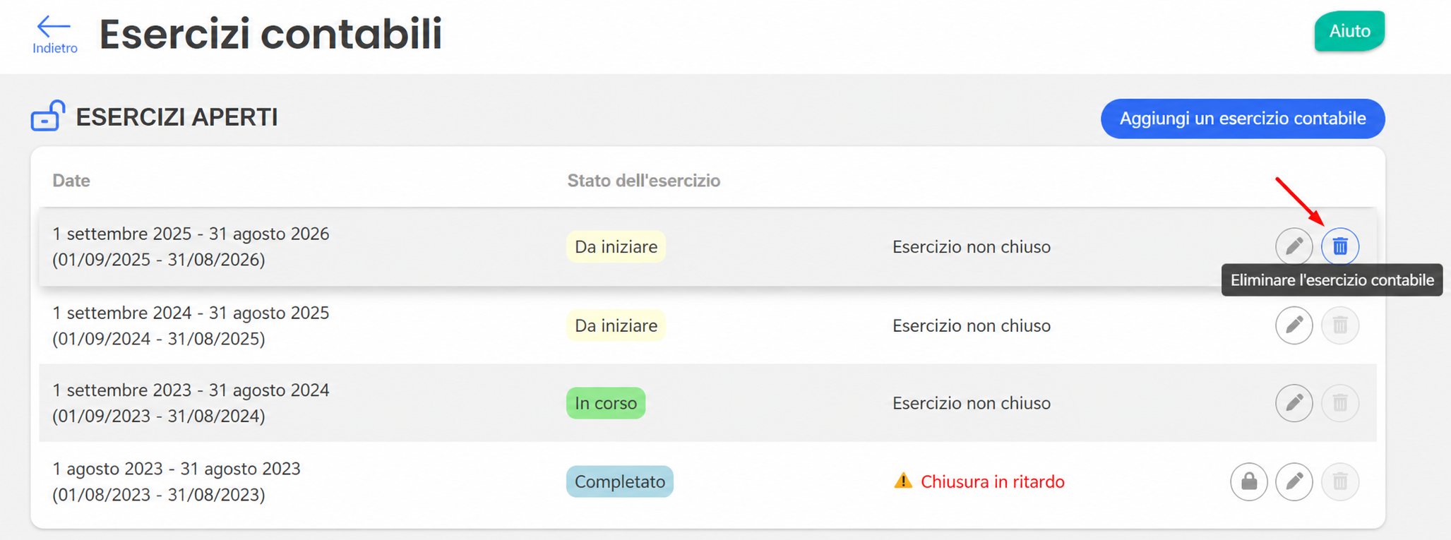 Pagina « Exercices comptables » di AssoConnect con l'elenco degli esercizi aperti e il pulsante « Supprimer l'exercice comptable » evidenziato da una freccia rossa