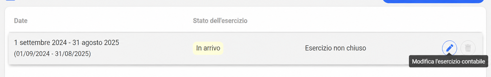 Sezione « Exercices ouverts » con un esercizio 2024-2025 con stato « À venir », e il pulsante « Éditer l'exercice comptable » evidenziato.